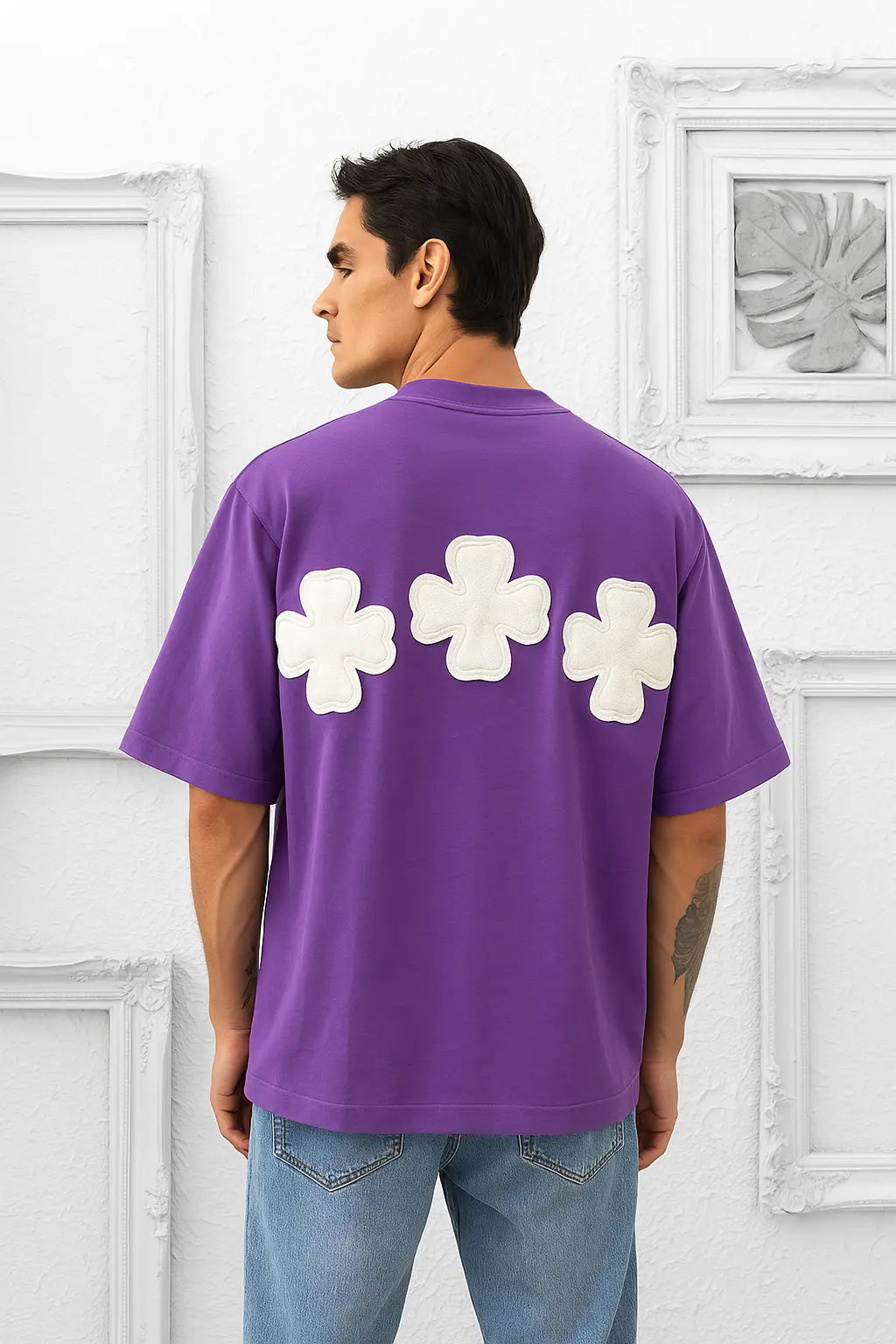 T-shirt Violet Oversize avec motif floral en couture tricoté bonhomme