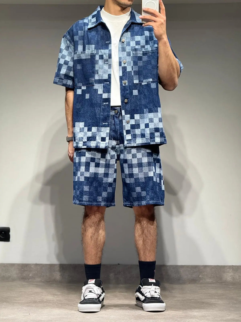 Ensemble En Jeans Damier Chemise et Short Bleu - bonhomme