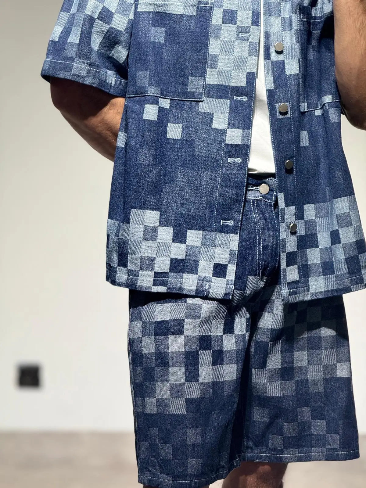 Ensemble En Jeans Damier Chemise et Short Bleu - bonhomme