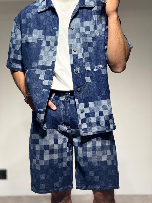 Ensemble En Jeans Damier Chemise et Short Bleu