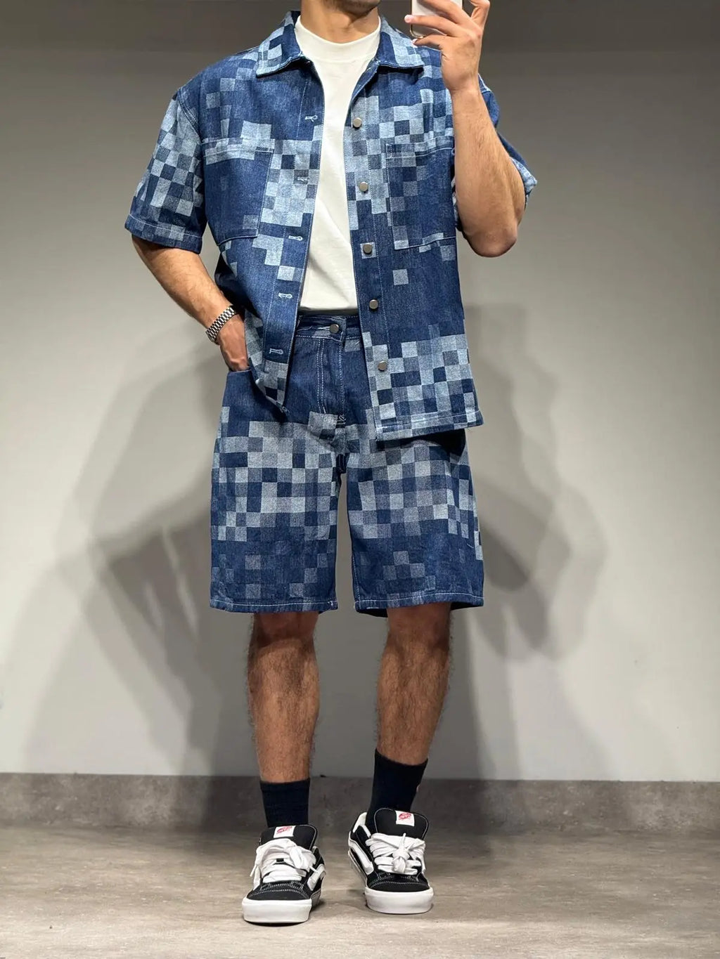 Ensemble En Jeans Damier Chemise et Short Bleu - bonhomme