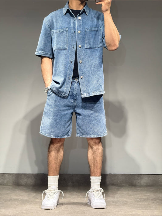 Ensemble Chemise et Short en Jeans Bleu Chevrons