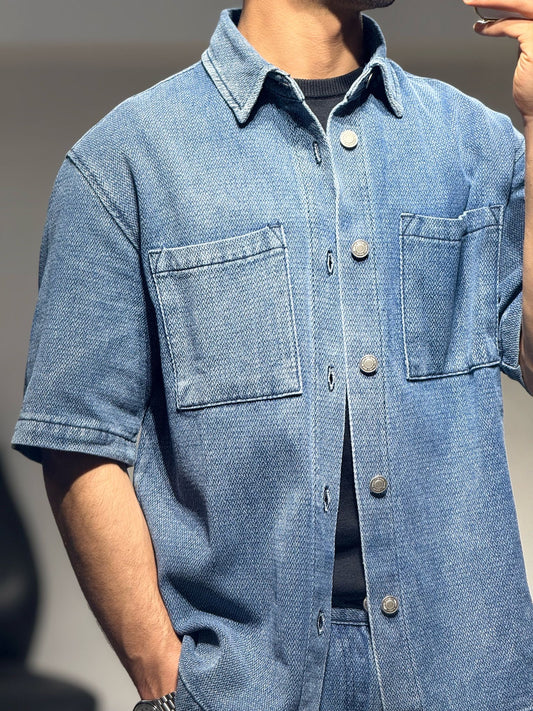 Ensemble Chemise et Short en Jeans Bleu Chevrons