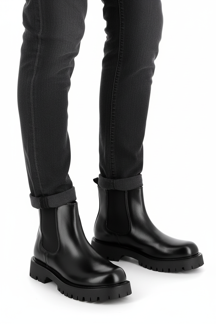 Bottines Chelsea Bonhomme noires pour homme en polyuréthane avec semelle crantée épaisse et élastiques latéraux