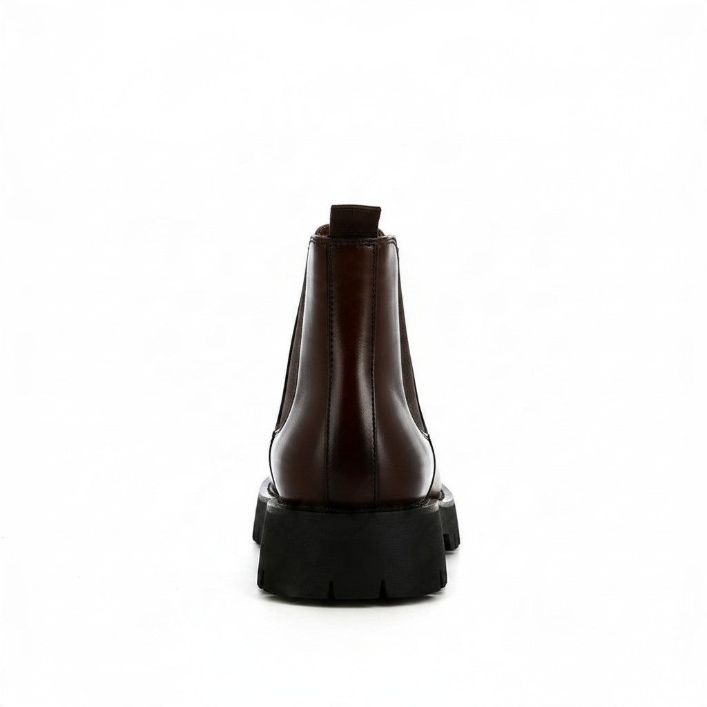 Vue arrière de bottines Chelsea Bonhomme marron en polyuréthane avec semelle crantée épaisse et tirette