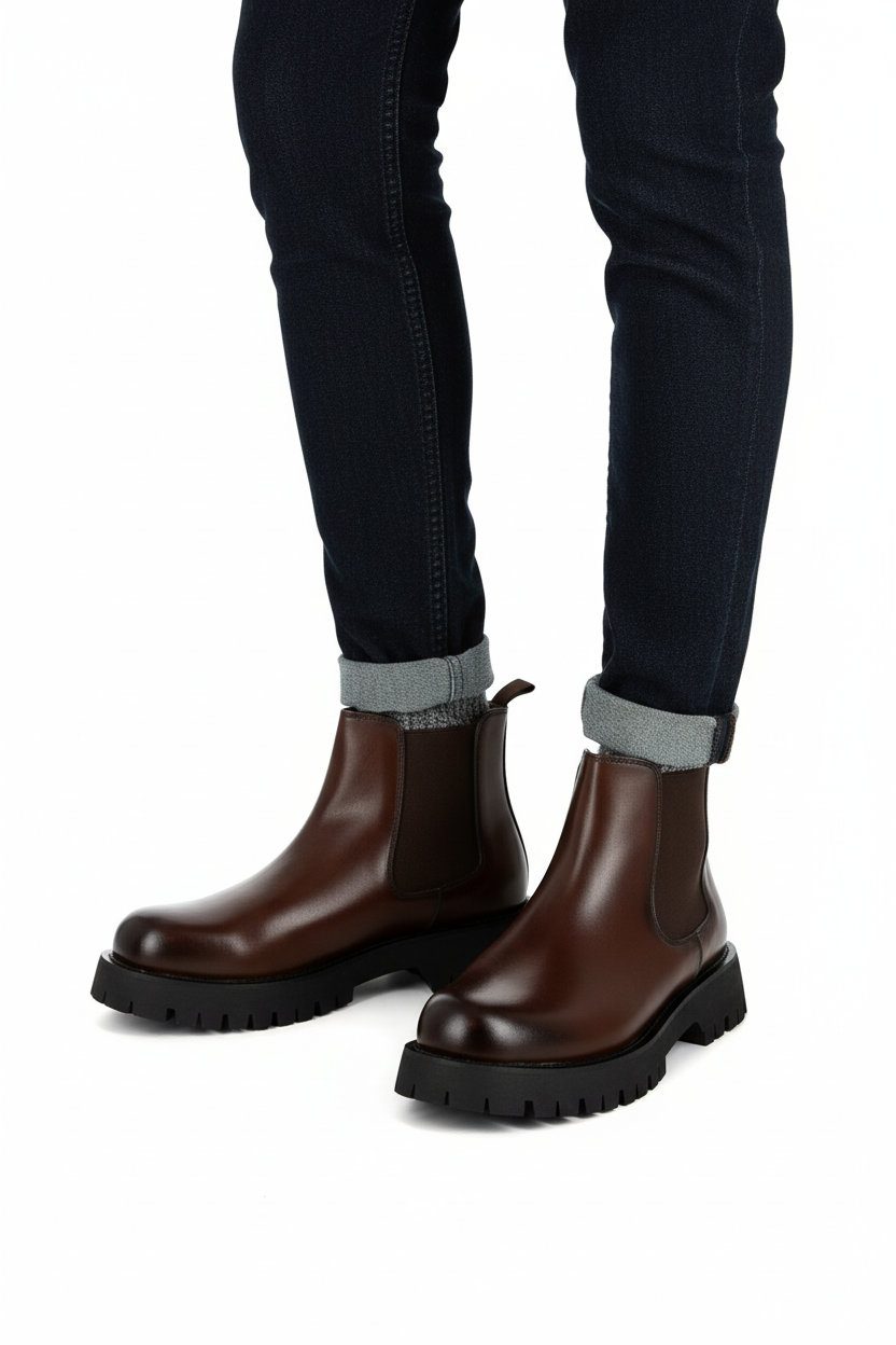 Bottines chelsea Bonhomme marron à semelle crantée épaisse et élastiques latéraux portées avec un jean
