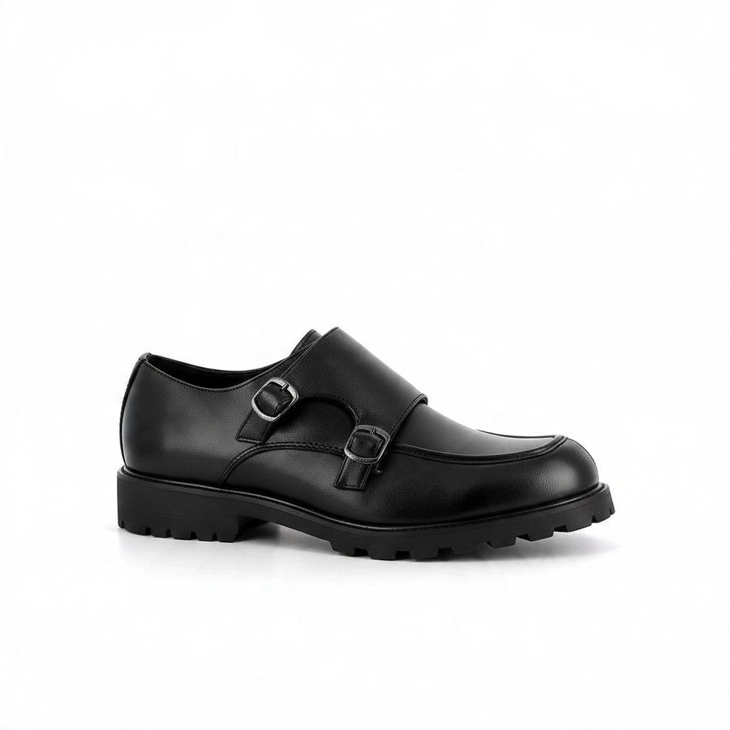 Chaussures monk strap noires bonhomme en simili cuir avec double boucle métallique et semelle crantée épaisse