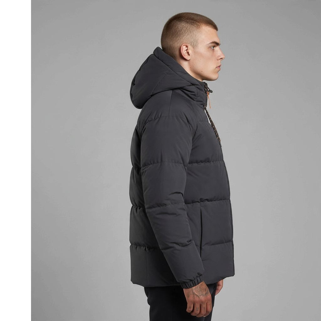 Doudoune homme bonhomme noire matelassée à capuche avec détails orange, vue de profil sur fond gris