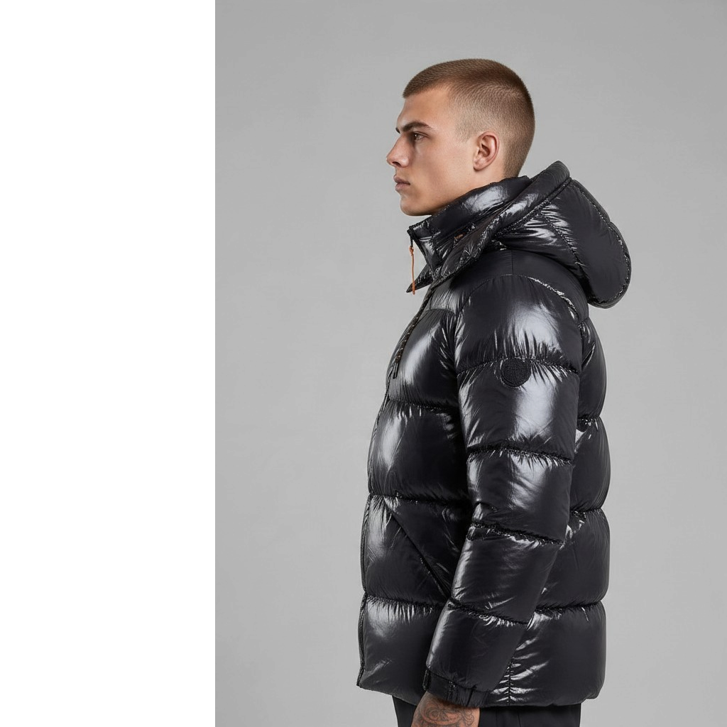 Doudoune bonhomme noire brillante à capuche matelassée avec détails orange, vue de profil sur un homme