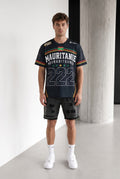 Homme portant le maillot Mauritanie 222 Club bonhomme noir en polyester et lycra avec graphismes colorés