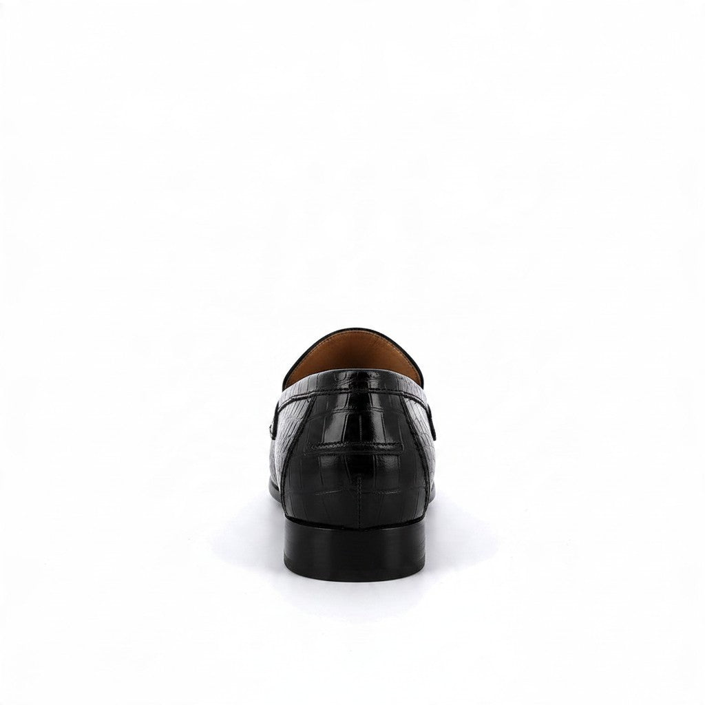 Mocassin Bonhomme noir effet croco pour homme, vue arrière montrant le talon bas et la texture en polyuréthane.