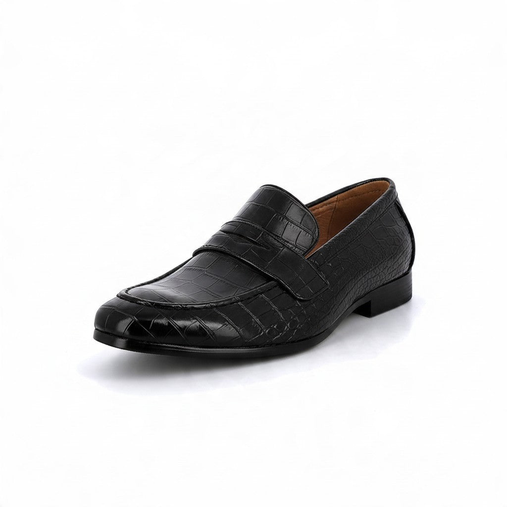 Mocassin Bonhomme noir pour homme à bride, style penny loafer avec dessus texturé effet croco et intérieur cuir.