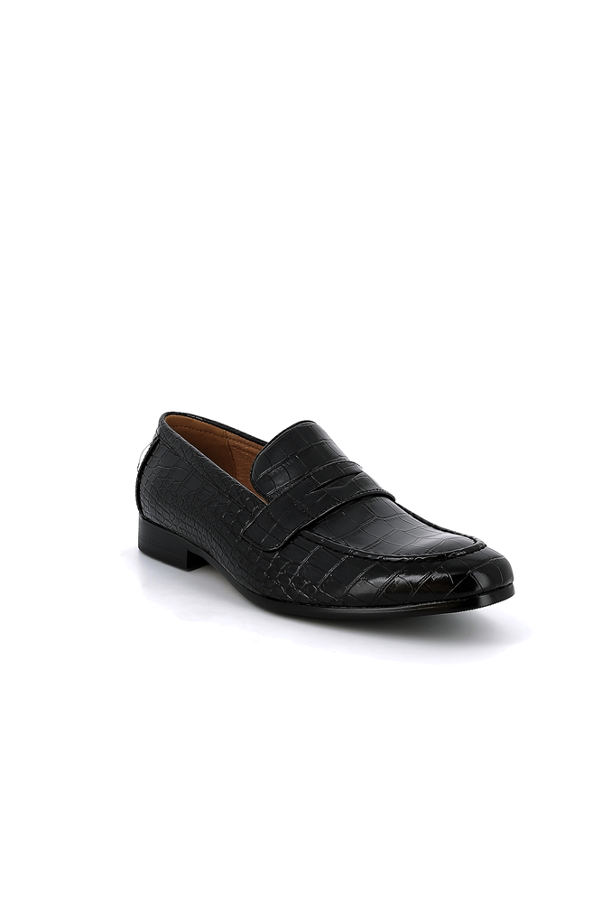 Mocassin penny loafer Bonhomme noir pour homme avec dessus texturé effet croco et talon bas.