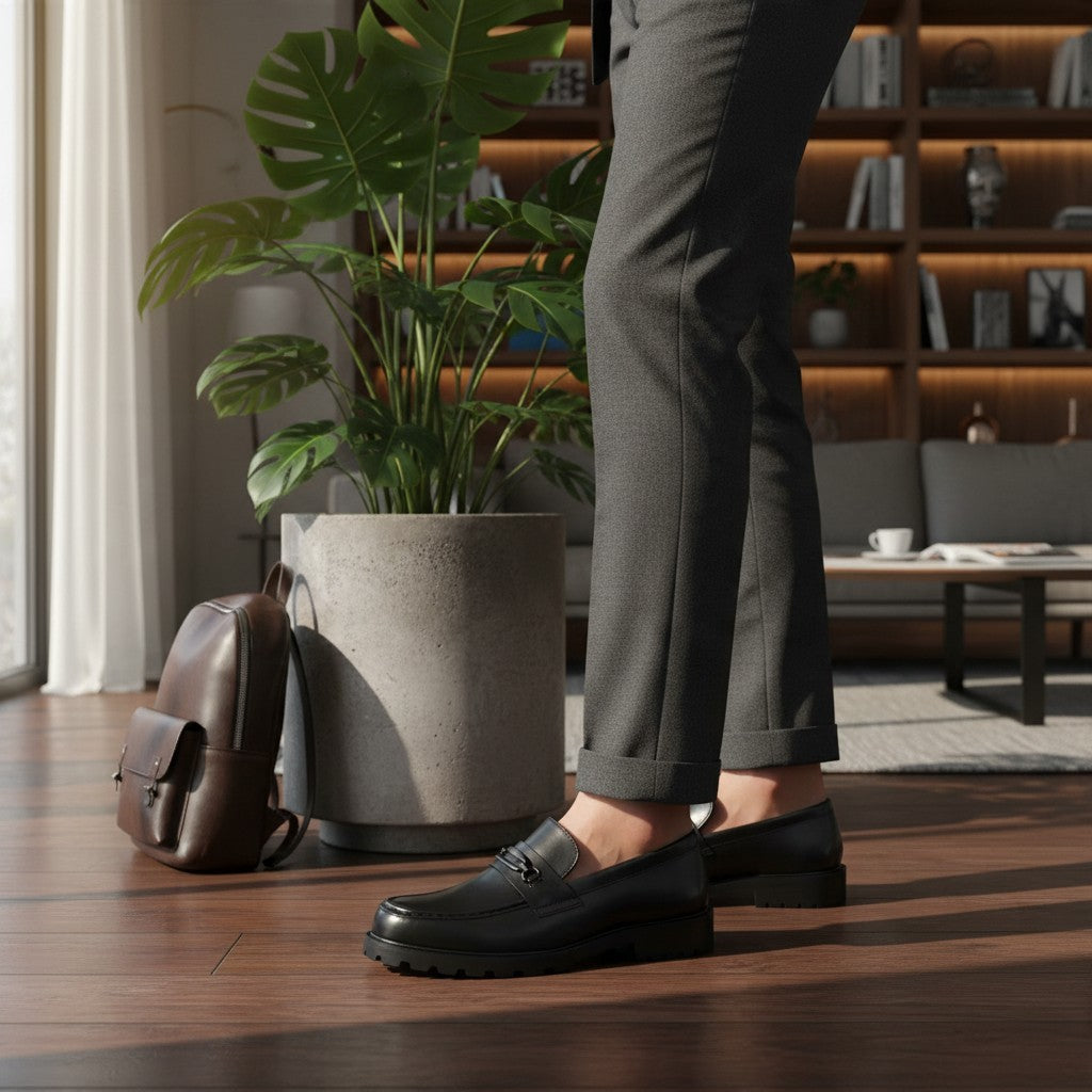 Mocassin Bonhomme noir à mors métallique, finition lisse et semelle épaisse crantée pour homme