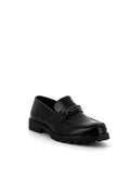 Mocassin Bonhomme noir à mors métallique, finition lisse et semelle épaisse crantée pour homme.