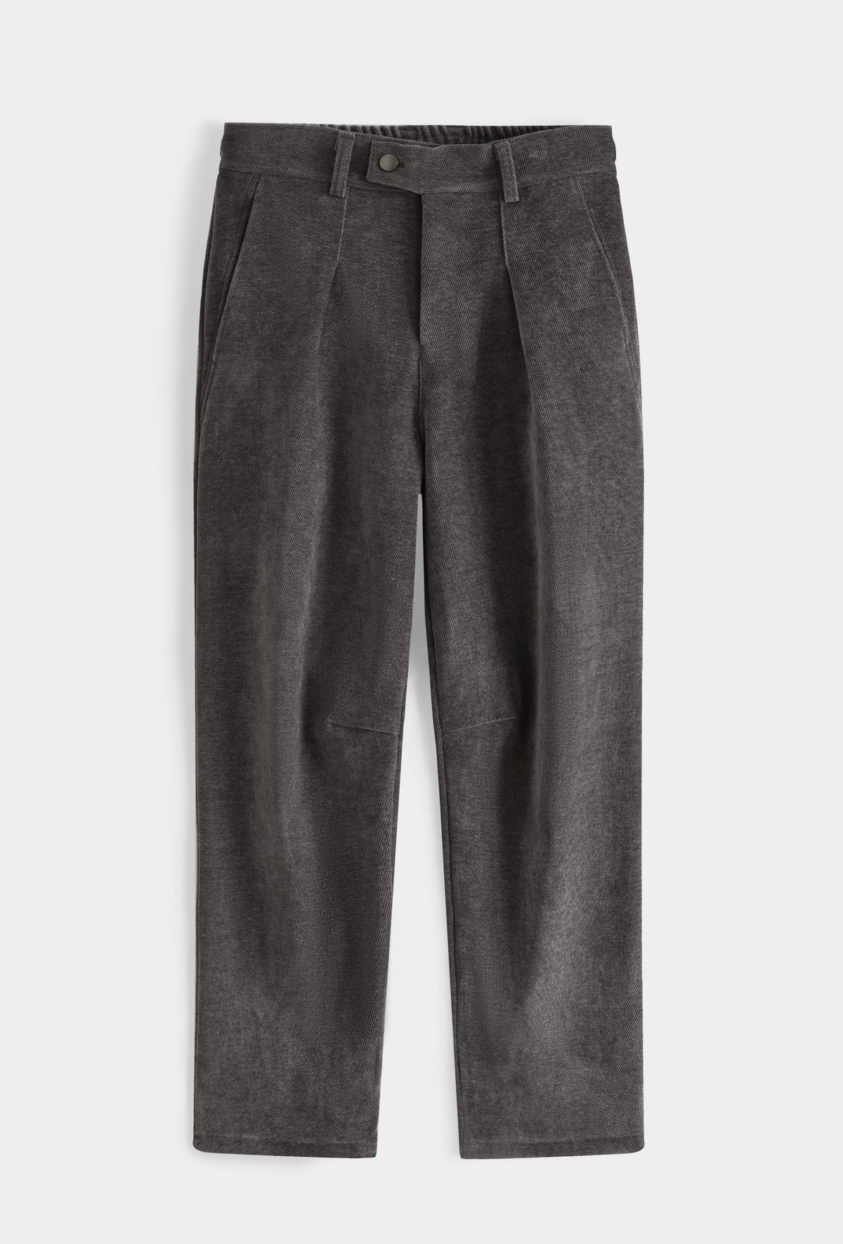 Pantalon bonhomme gris anthracite en chenille texturée avec pinces, taille élastiquée et coupe droite fuselée