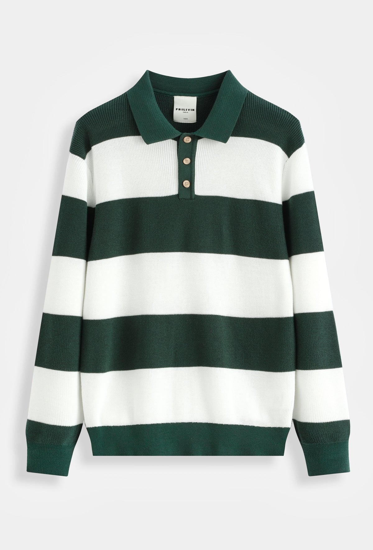 Polo rugby bonhomme en maille côtelée vert sapin et blanc à larges rayures horizontales et col 3 boutons
