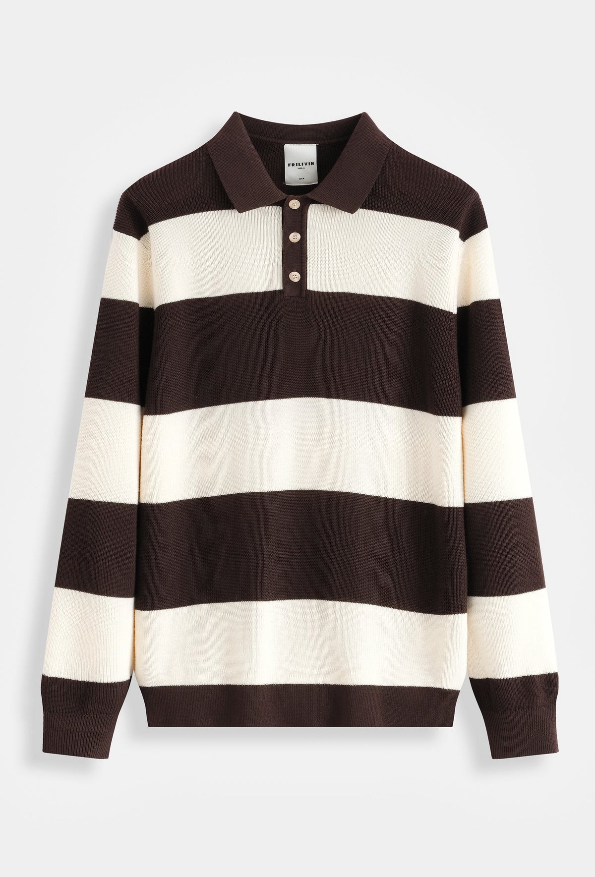 Polo rugby bonhomme en maille côtelée chocolat et écru à larges rayures horizontales et col à trois boutons
