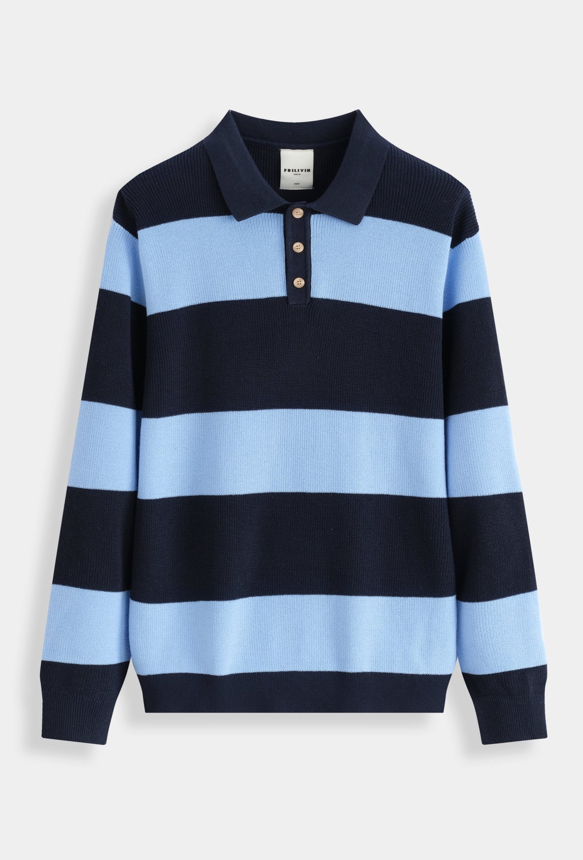 Polo rugby bonhomme en maille côtelée à larges rayures bleu marine et bleu ciel avec col 3 boutons effet bois
