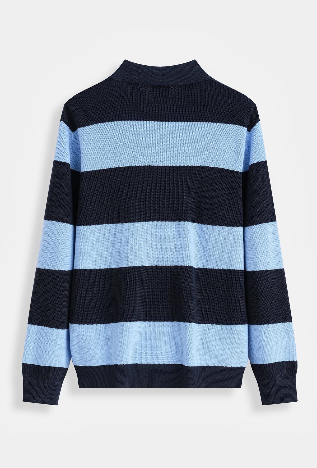 Polo rugby bonhomme en maille côtelée à larges rayures horizontales bleu marine et bleu ciel, vue arrière