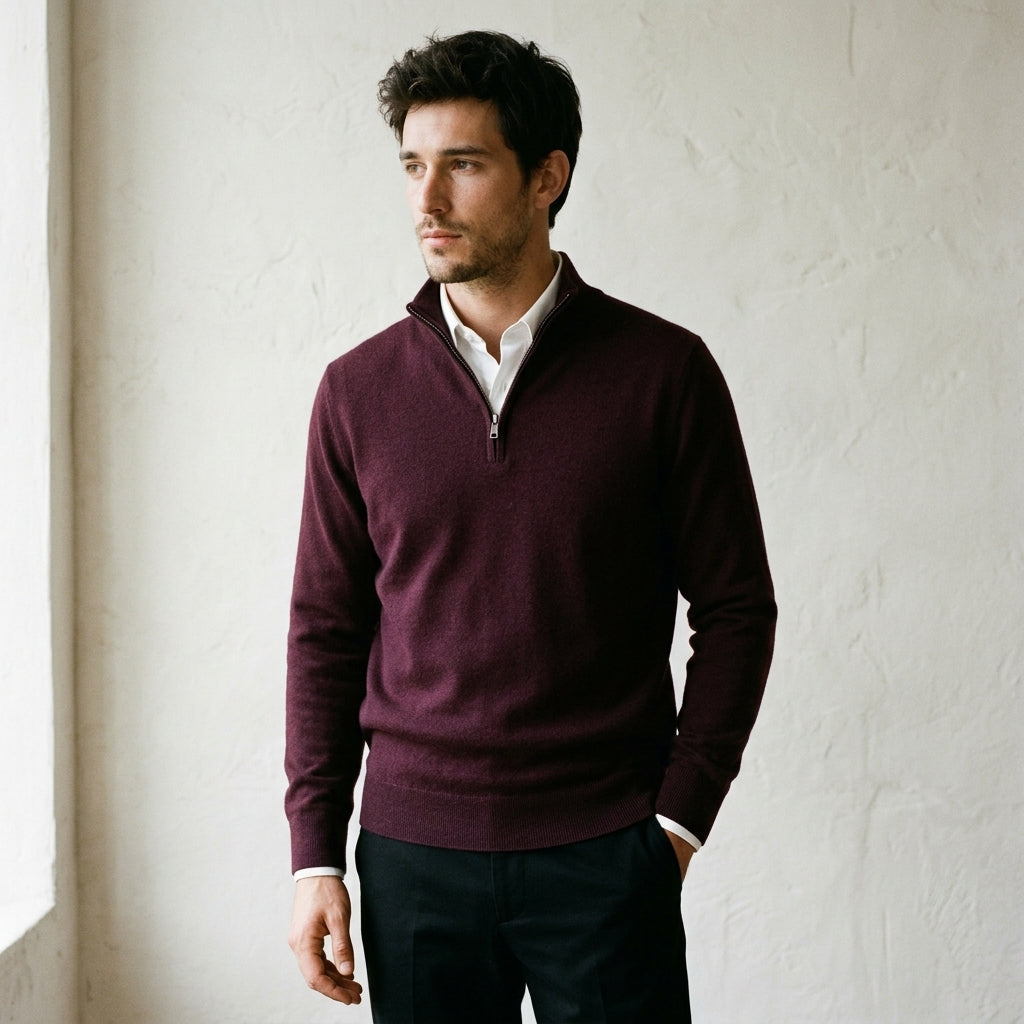 Homme portant un pull bonhomme bordeaux à col camionneur demi-zip en maille douce sur une chemise blanche