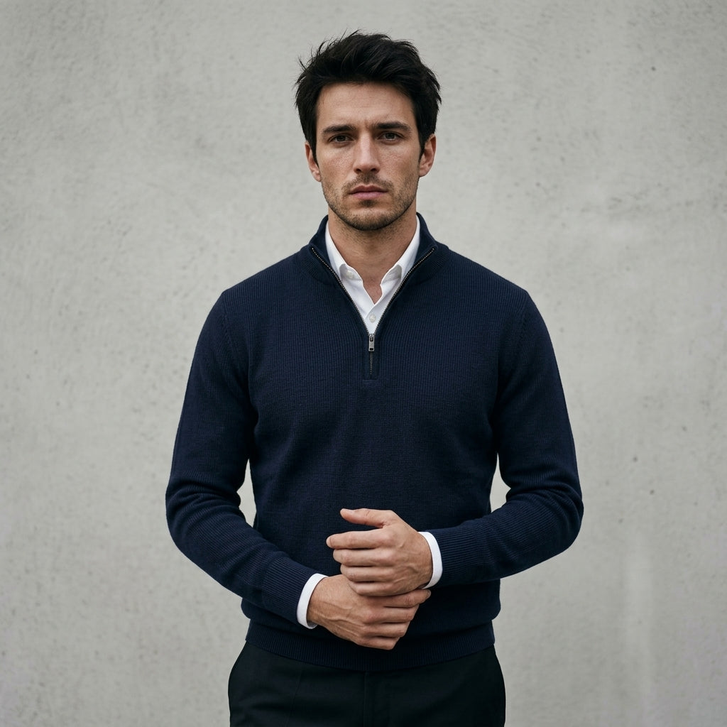 Homme portant un pull bonhomme bleu marine à col camionneur demi-zip sur une chemise blanche, style élégant