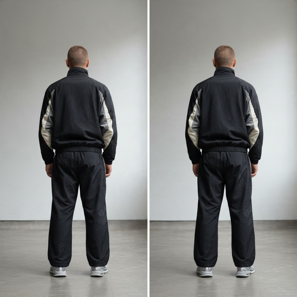 Vue arrière de l'ensemble survêtement rétro bonhomme en nylon noir avec empiècements gris et doublure polaire chaude.