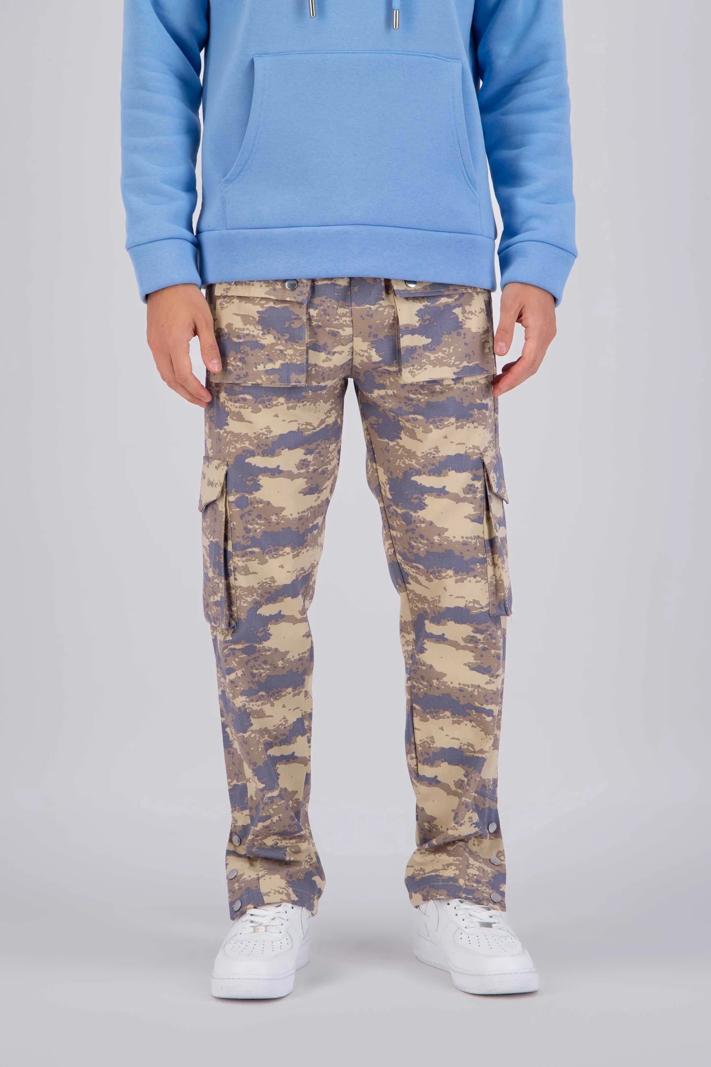 Pantalon Cargo Camouflage beige et bleu avec 3 Bouttons