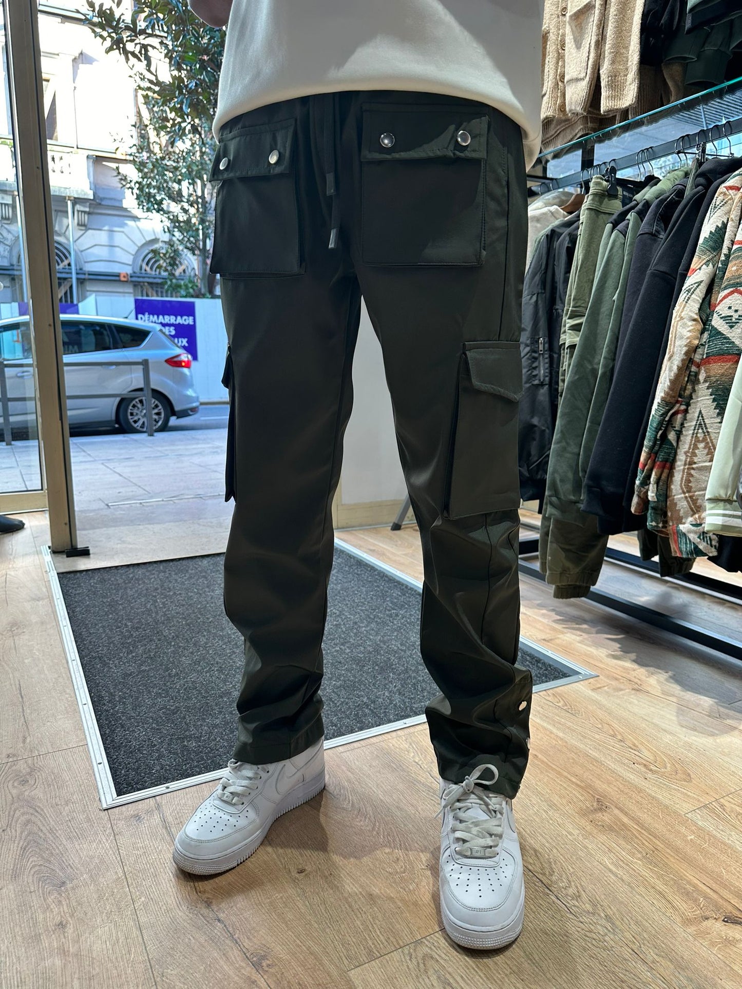 Pantalon cargo kaki à pression en toile avec 3 Bouttons