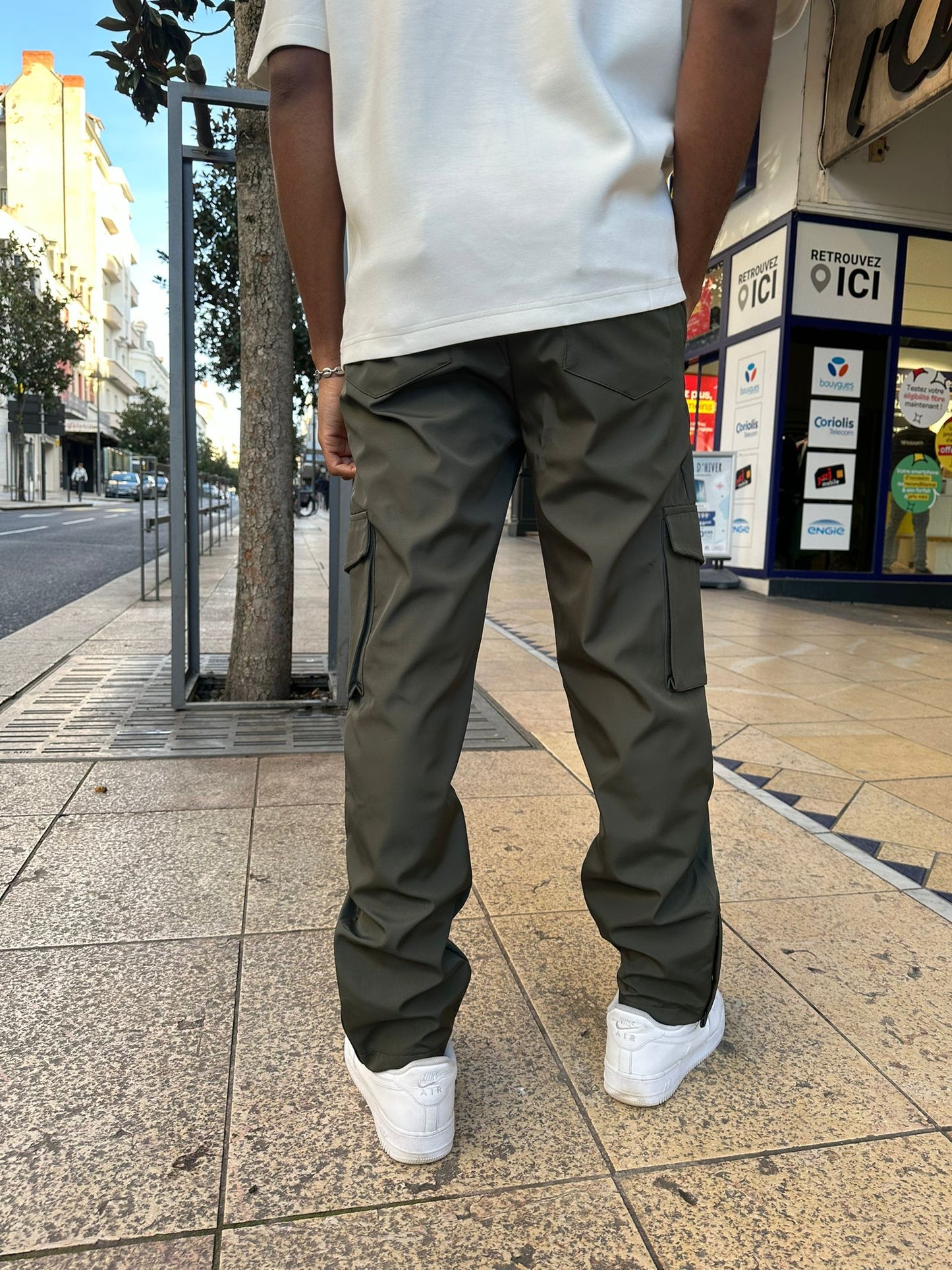 Pantalon cargo kaki à pression en toile avec 3 Bouttons