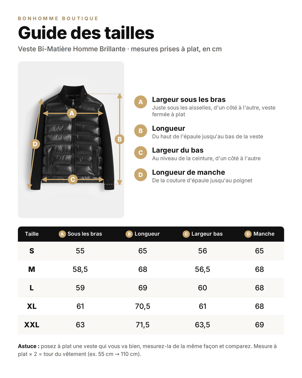 Guide des tailles Veste Bi-Matière Homme Brillante