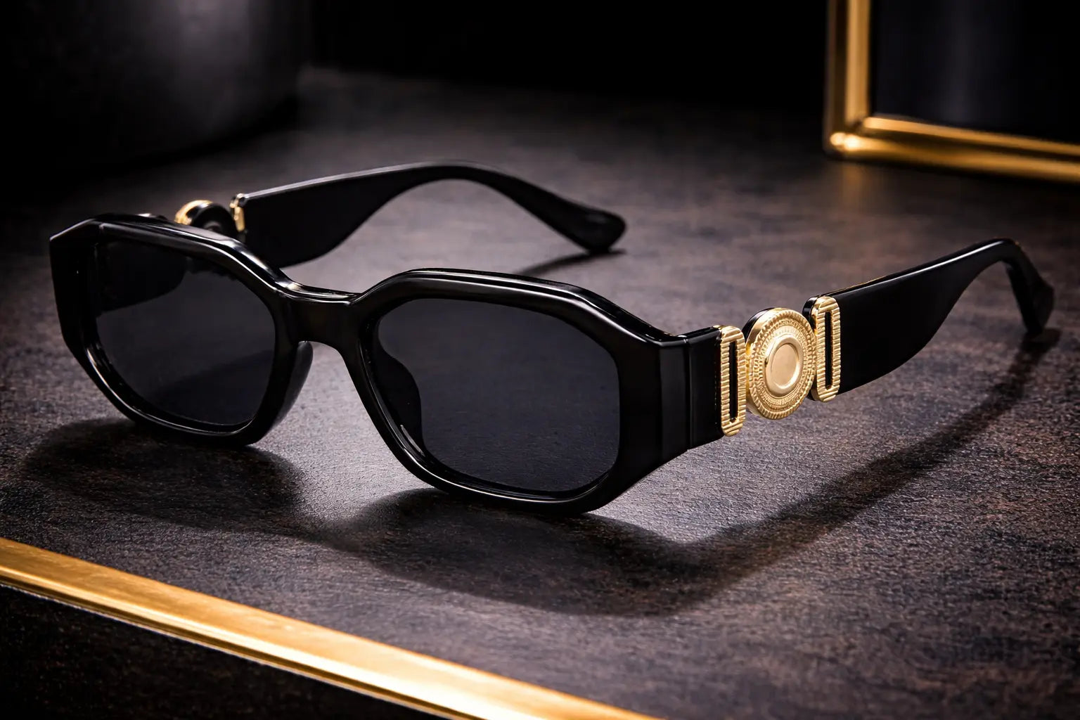 Lunettes de soleil géométriques monture noire ornement doré bonhommeboutique