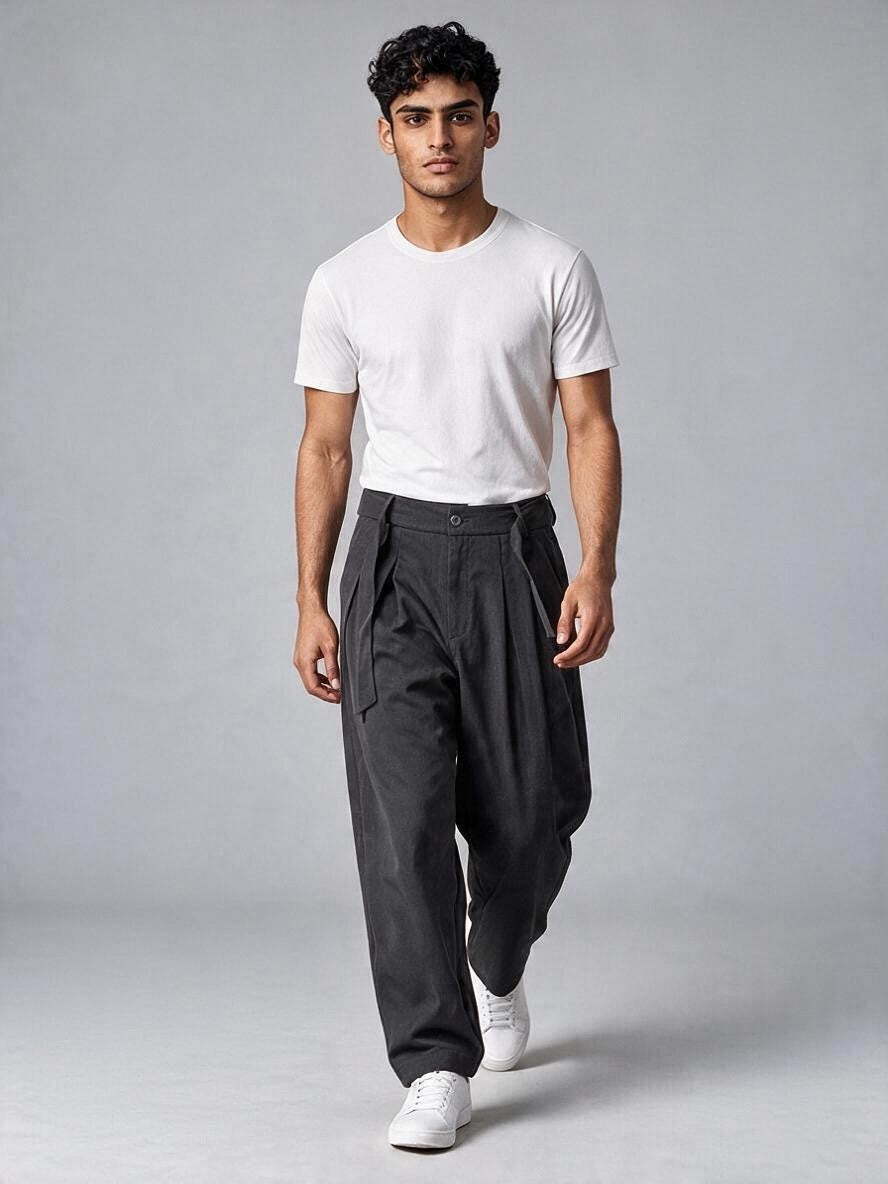 Pantalon à Pinces Baggy Homme Taille Haute, Ceinture à Nouer