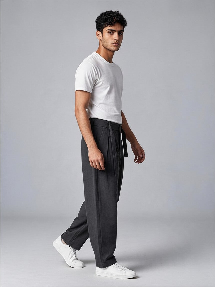 Pantalon à Pinces Baggy Homme Taille Haute, Ceinture à Nouer