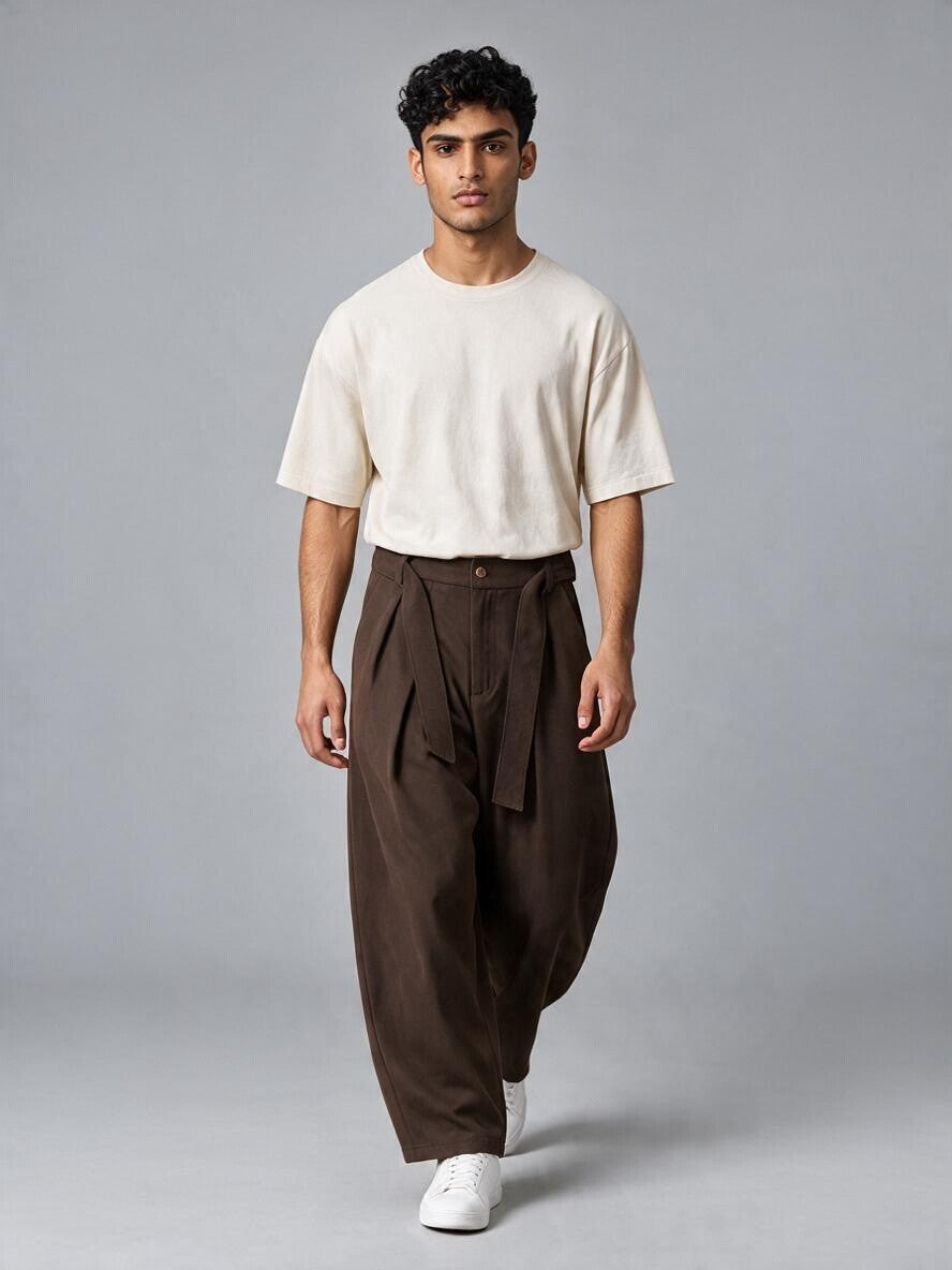 Pantalon à Pinces Baggy Homme Taille Haute, Ceinture à Nouer