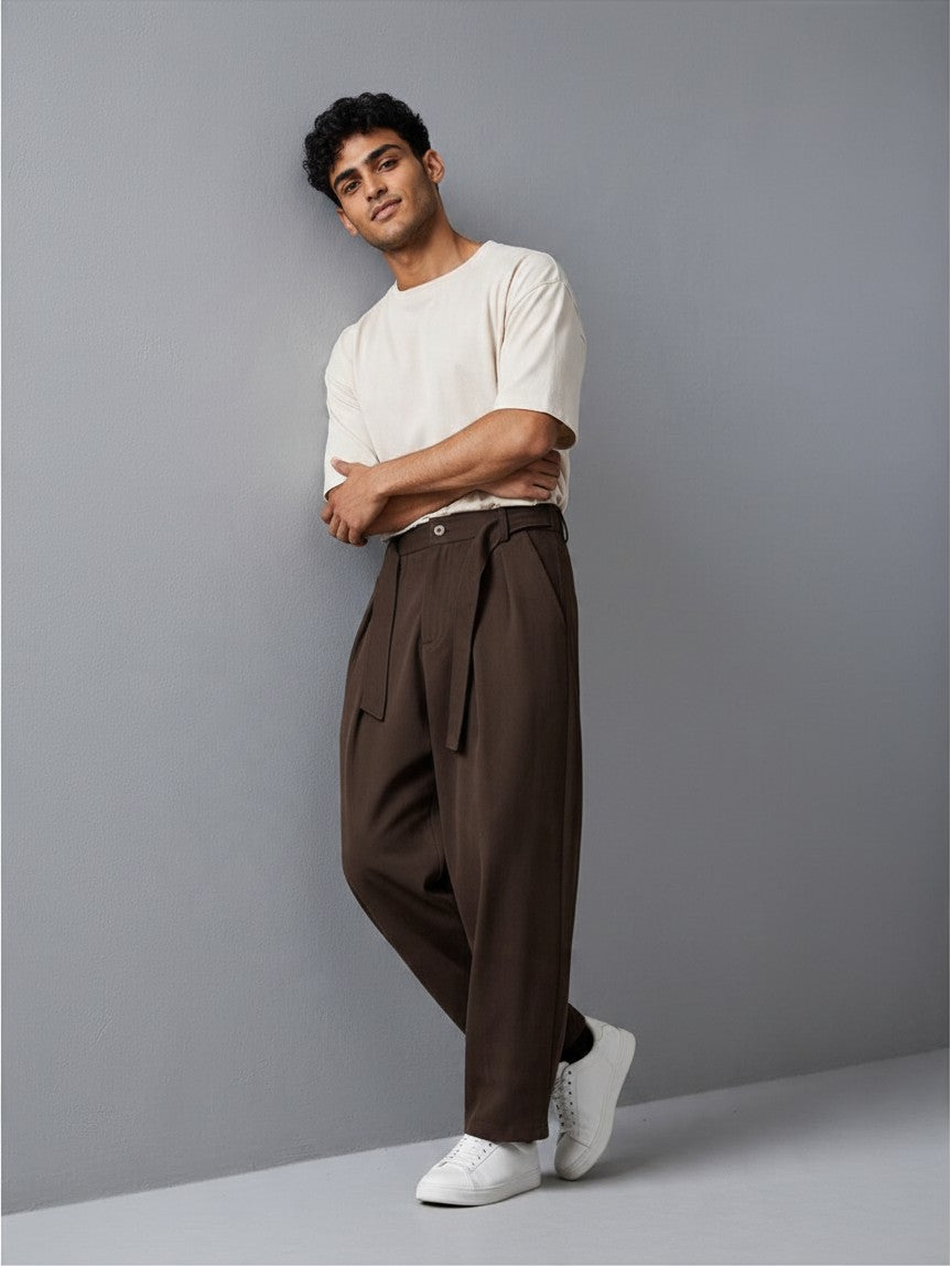 Pantalon à Pinces Baggy Homme Taille Haute, Ceinture à Nouer