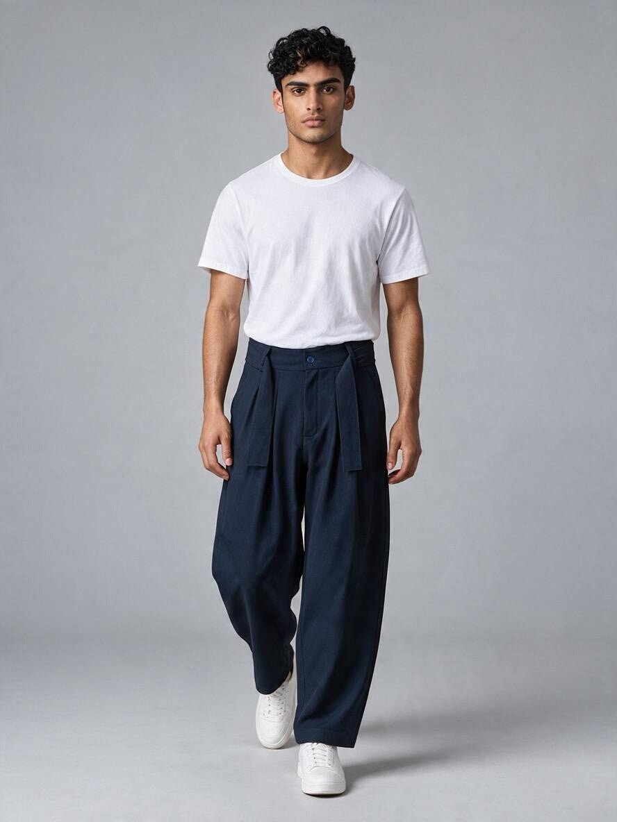Pantalon à Pinces Baggy Homme Taille Haute, Ceinture à Nouer