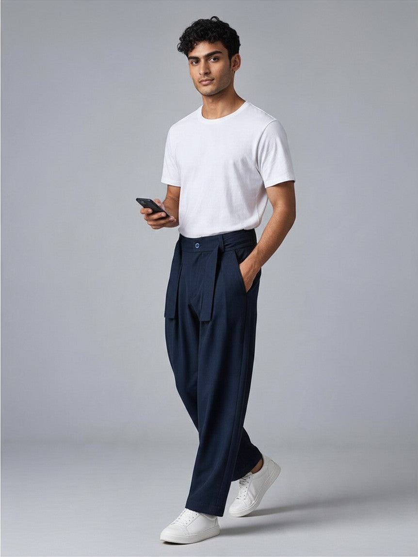 Pantalon à Pinces Baggy Homme Taille Haute, Ceinture à Nouer