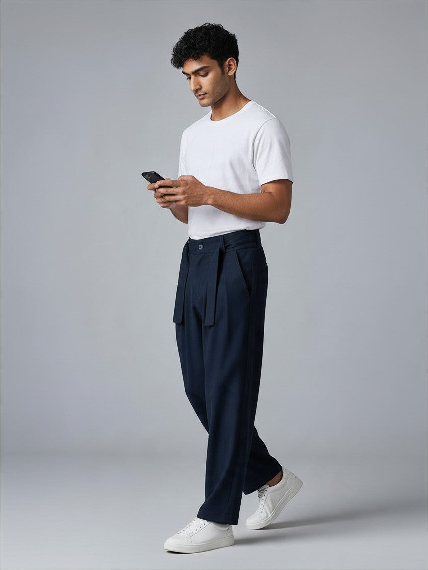 Pantalon à Pinces Baggy Homme Taille Haute, Ceinture à Nouer