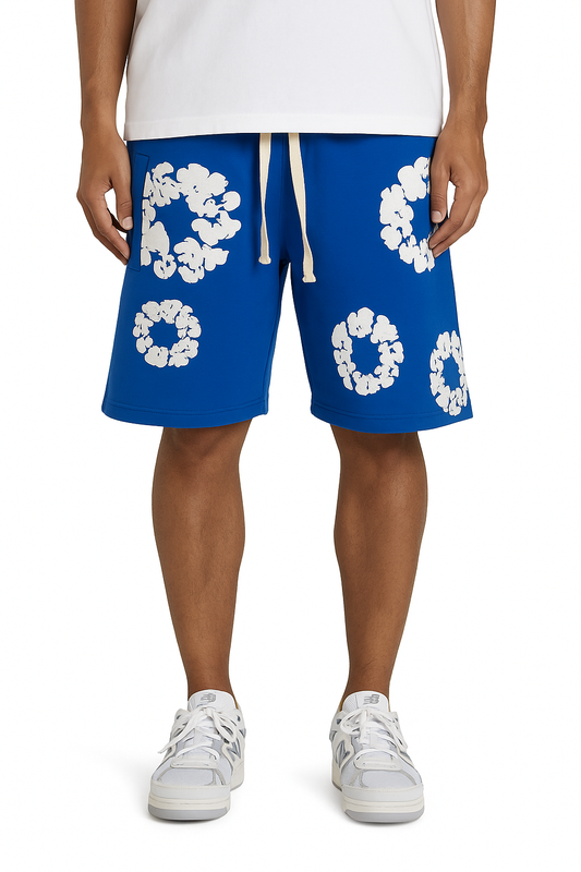 Short Molleton Fleuri Bleu Royal Blanc