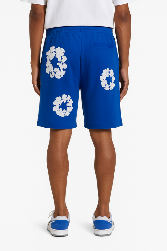 Short Molleton Fleuri Bleu Royal Blanc