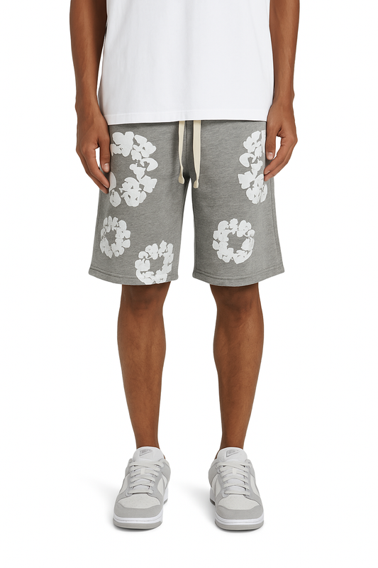 Short Molleton Fleuri Gris Blanc