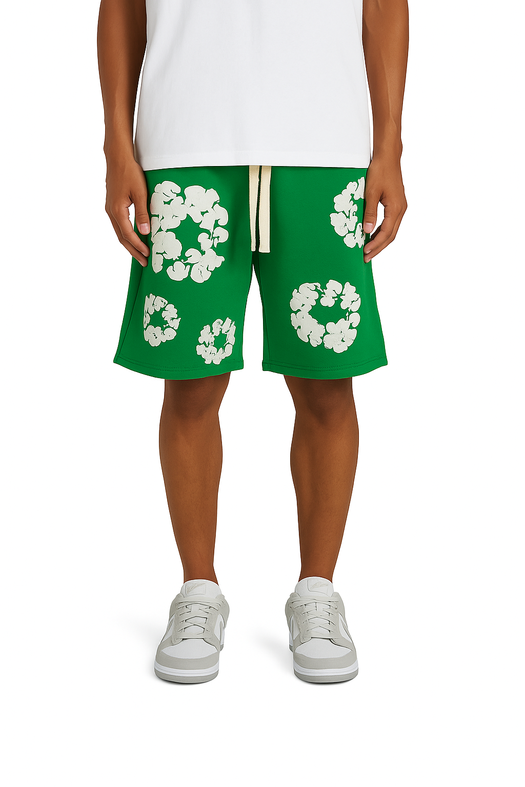 Short Molleton Fleuri Vert Blanc