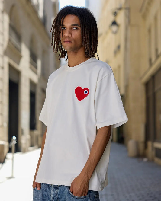 Tee shirt blanc avec motif Coeur rouge Homme bonhomme