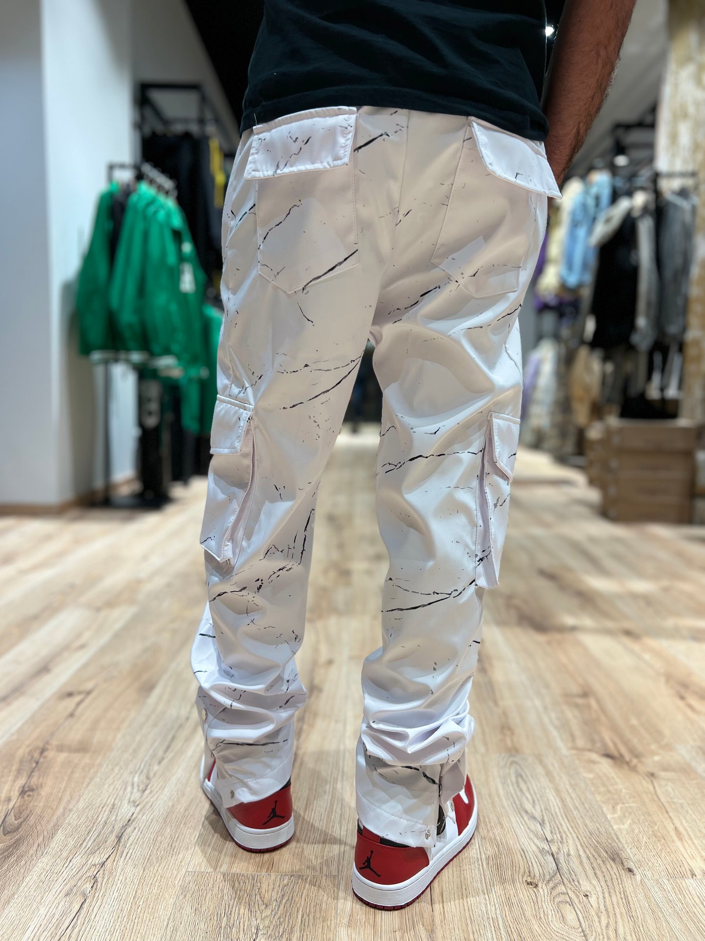 Pantalon Cargo Marbré Blanc Gris Homme avec 3 Bouttons