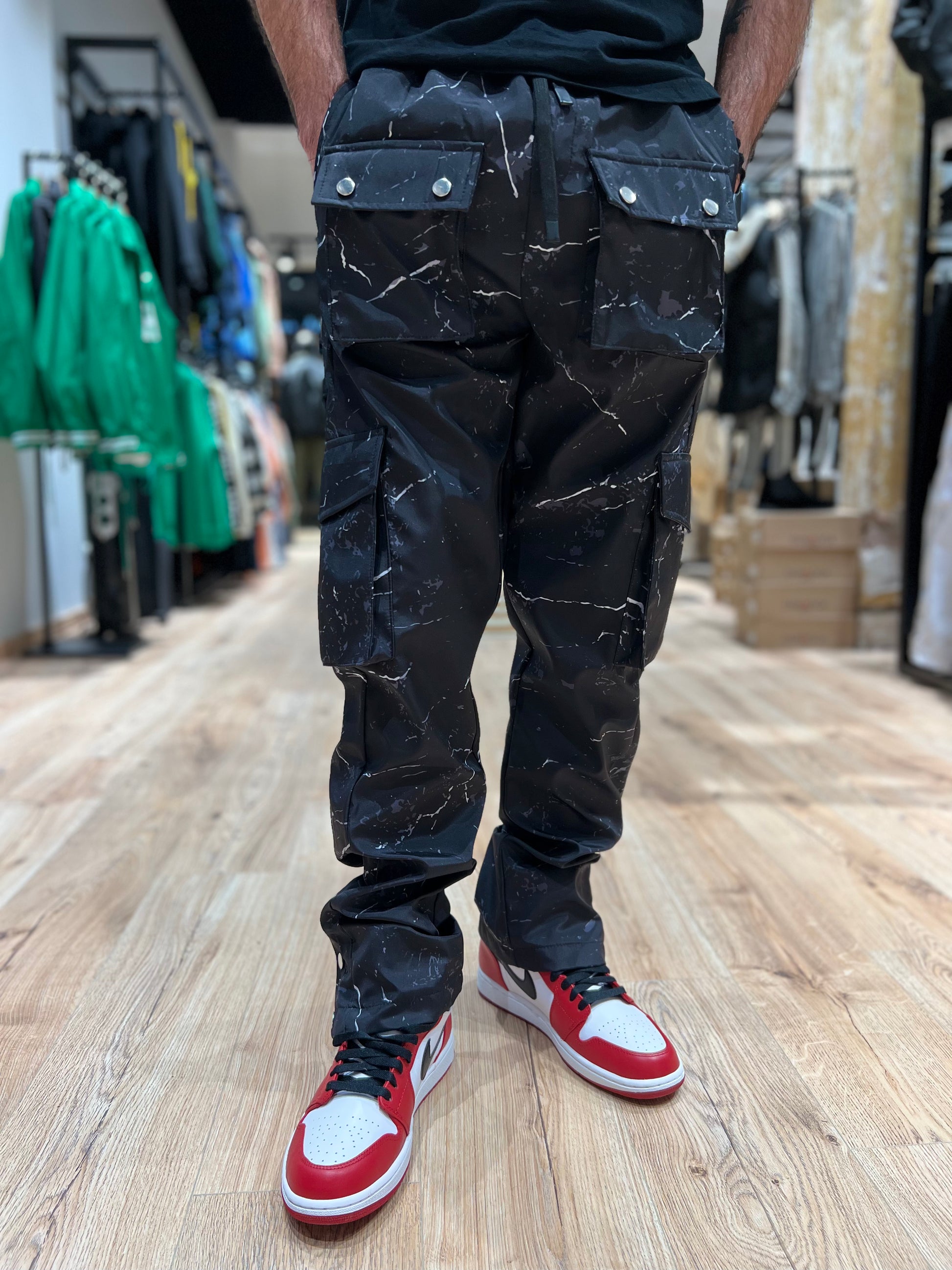 Pantalon Cargo Marbré Noir Gris Streetwear Homme