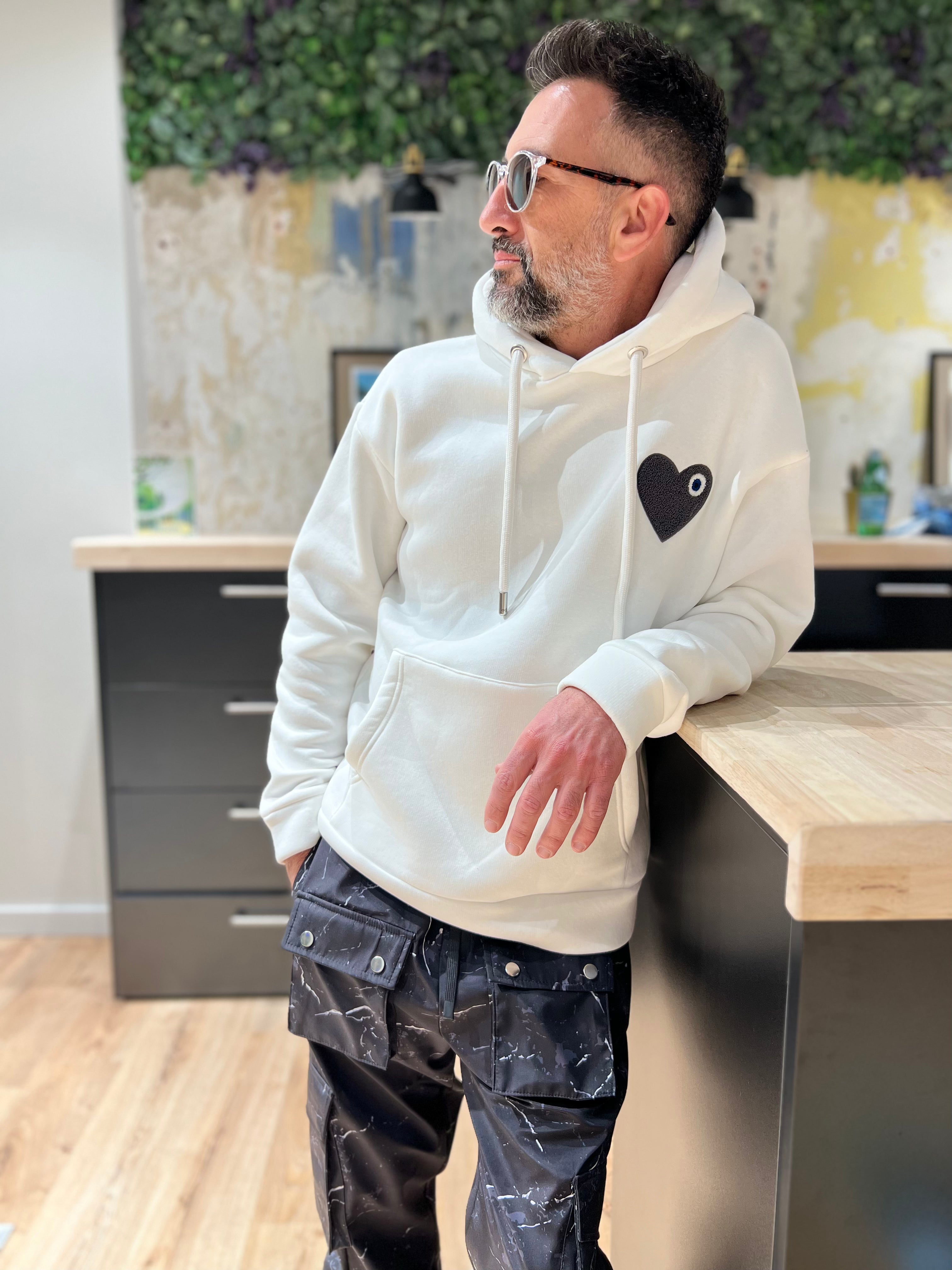 Sweat à Capuche Blanc avec motif Coeur Noir Homme bonhomme