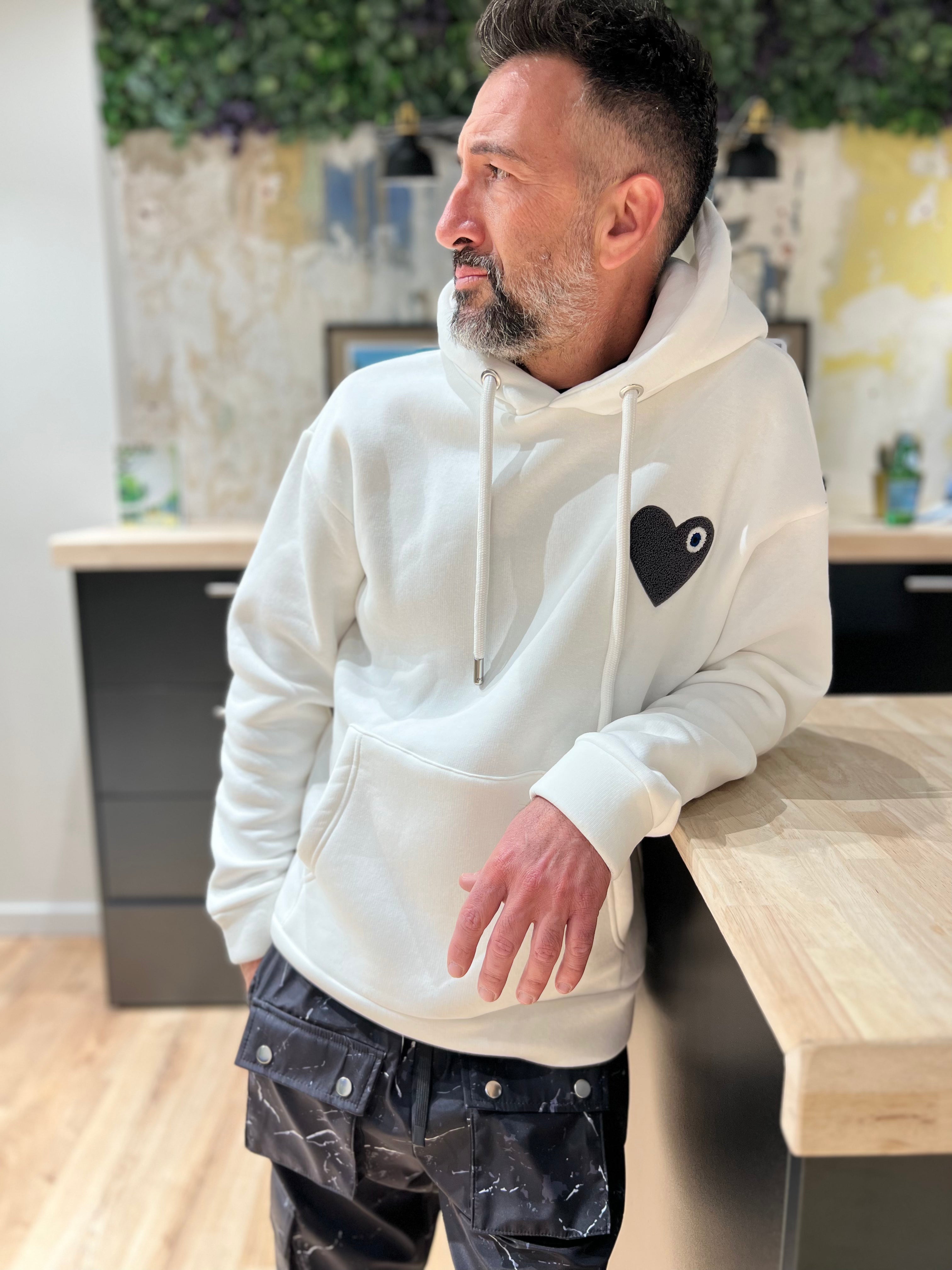 Sweat à Capuche Blanc avec motif Coeur Noir Homme bonhomme
